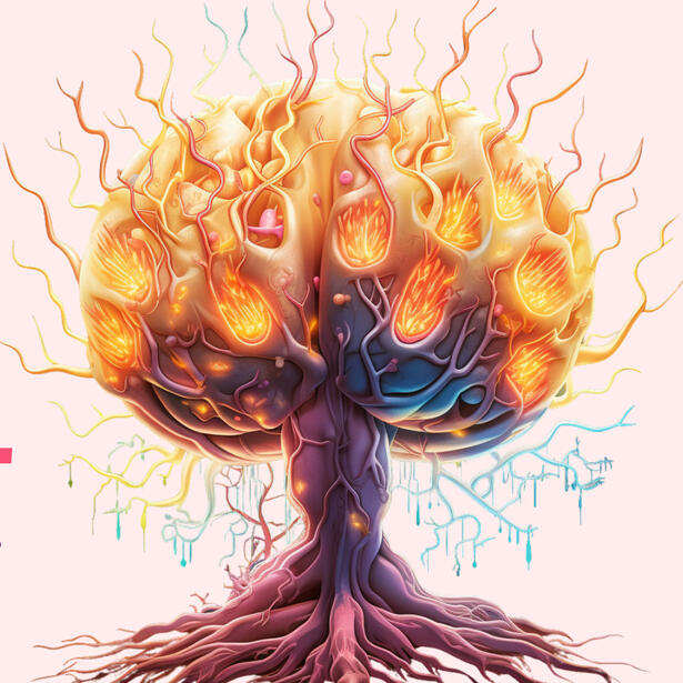 Whimsical Brain Tree by Layla Messner Whimsical illustration of a tree shaped like a brain, showing signs of burnout by Layla Messner