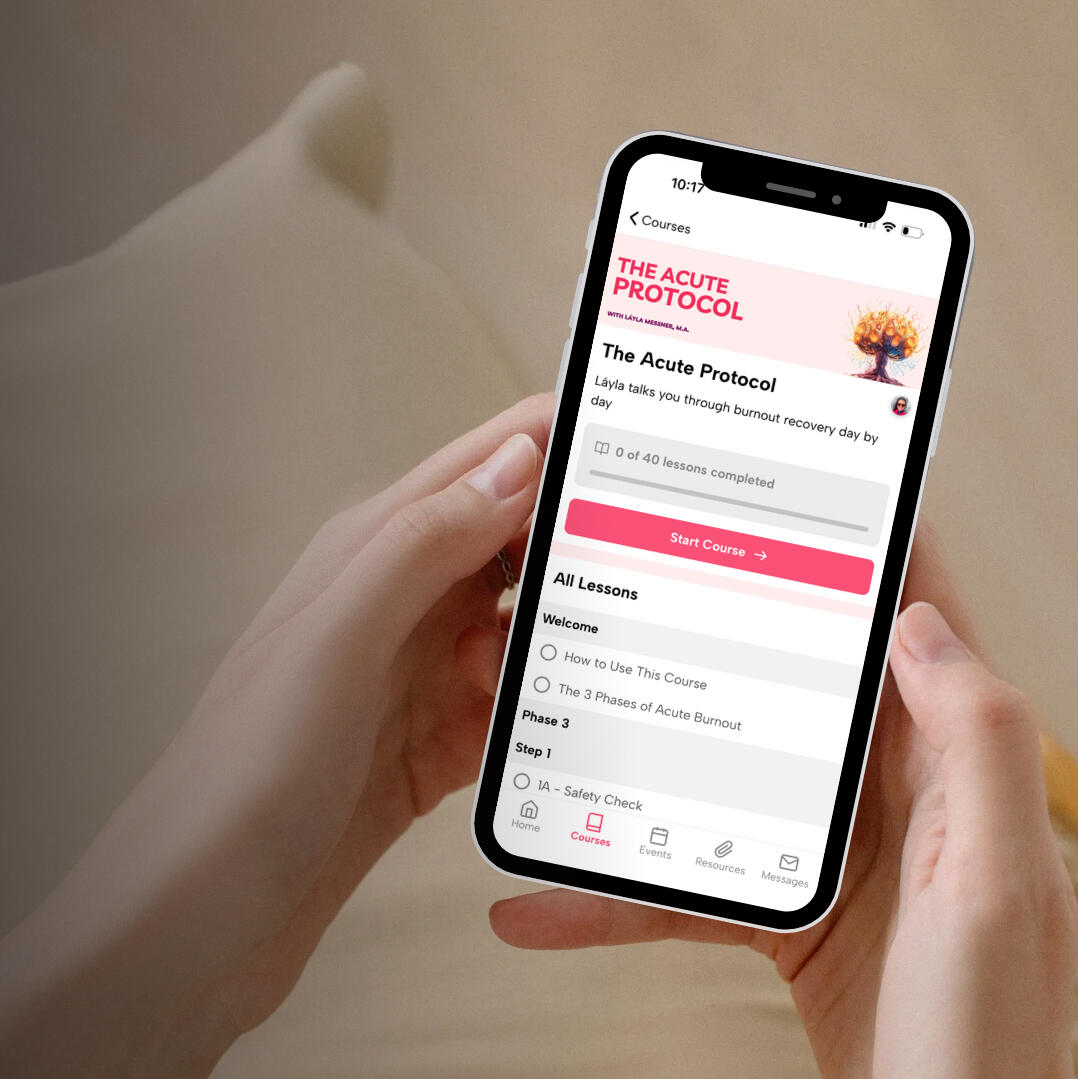 A woman's hands hold a phone showing the Acute Protocol online course by Layla Messner.